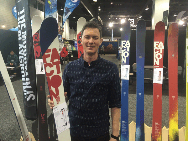 Tony McWilliam showing off the new Faction range at Denver SIA © Snow Action
