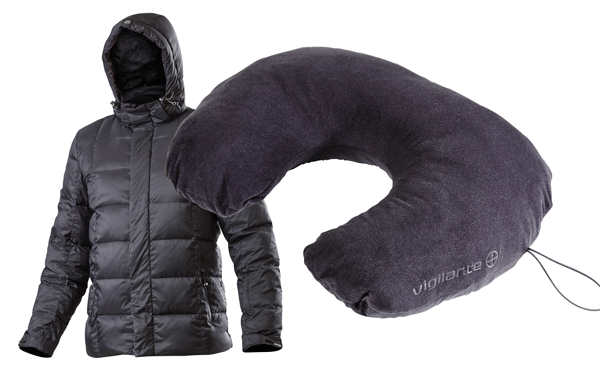 How cool is this? Vigilante Puff jacket stuffs down to super-comfy travel pillow!