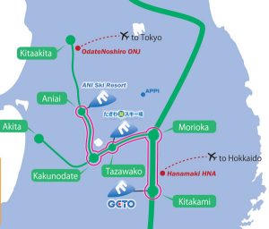 The Tohoku Powdrline links Geto Kogen , Tazawako and Ani