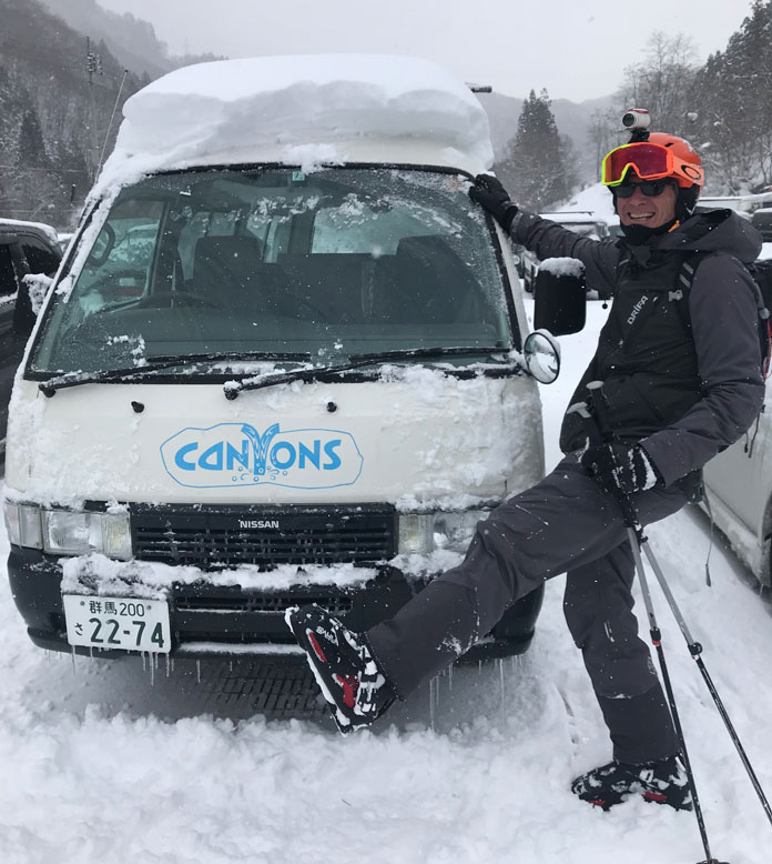 Wearing Dahu ski boots in deep snow in Japan