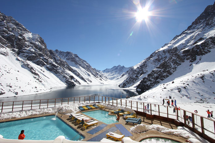 The amazing view of Laguna del Inca from poolside at Hotel Portillo