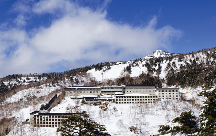 View of Manza Prince Hotel, Japan's highest hotel, in winter
