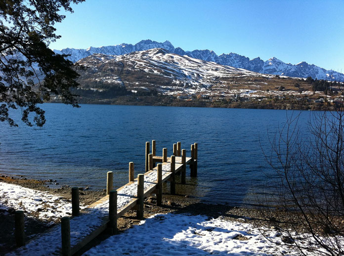 Winter view of the private jetty at The Rees Hotel Queenstown