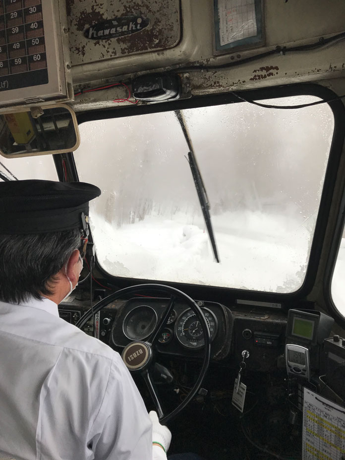 Driver's view inside the cabin of the Bonnet Bus to Matsukawa Onsen, Hachimantai