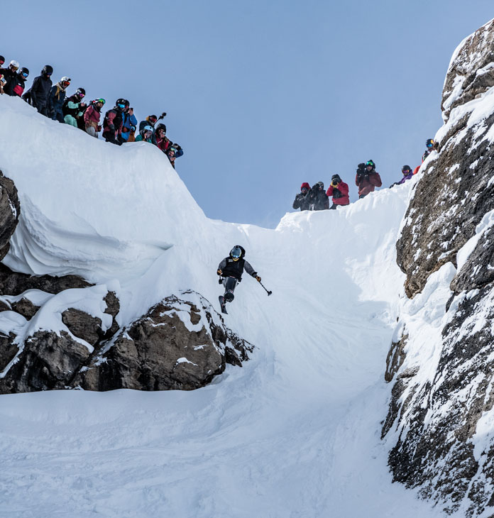 Trevor Kennison sitski boss competing at the 2019 Kings & Queens of Corbet's event, Jackson Hole Mountain Resort