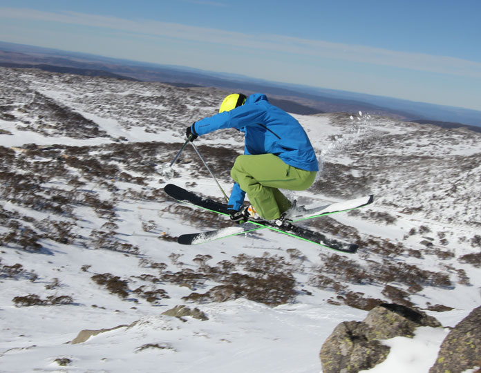 Steve Leeder popping off the Olympic ridgeline at Perisher on a pair of Elan Ripstik 96 skis