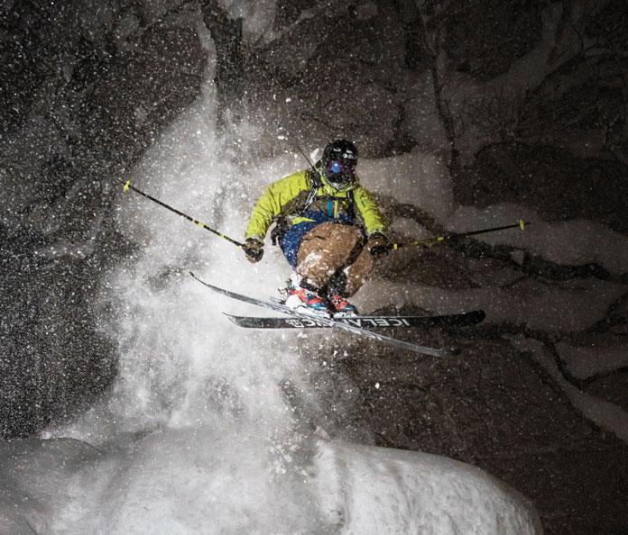 Andreas Sjöbeck smashing a powder pillow line enjoying Japan's best night skiing at Niseko Hirafu