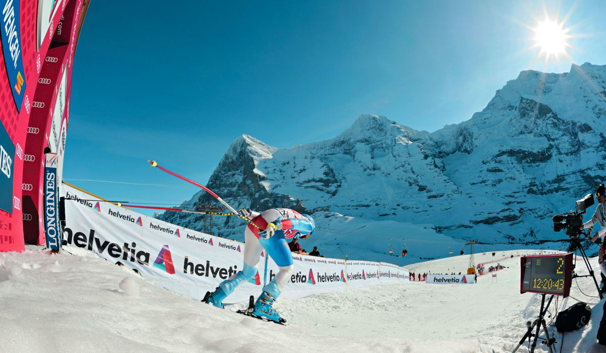 Charging out of the start gate of the Lauberhorn Downhill race