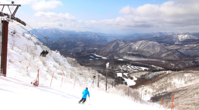 skiing Minowa ski area with a view to Mt Bandai