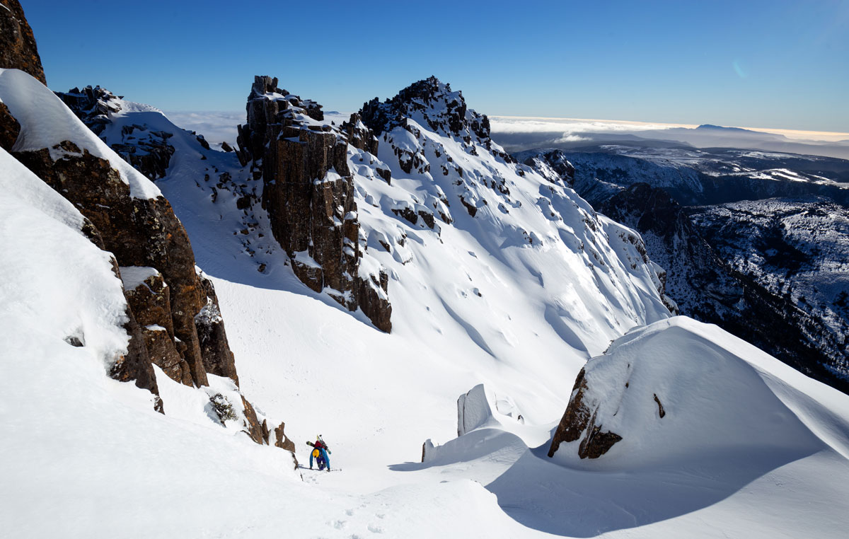 Hiking to ski Cradle Mountain's East Face Bowls