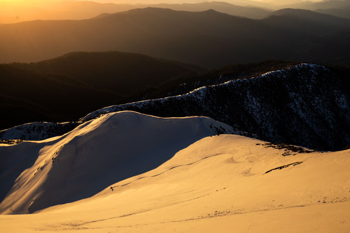 Drew Jolowicz sunset line on Feathertop's North Face