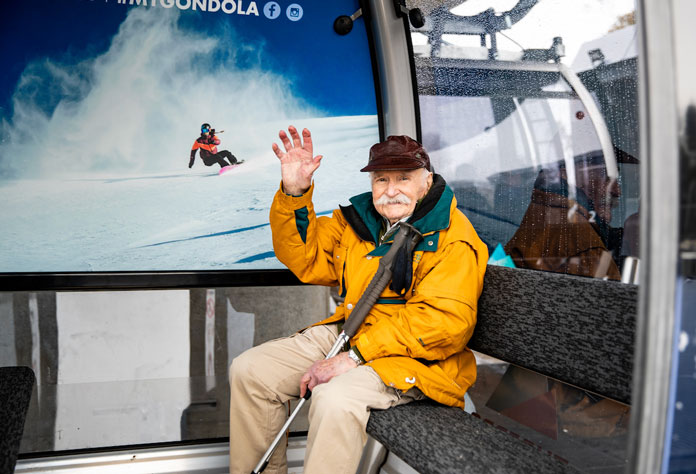 Frank Prihoda gets a 99th birthday ride on the Merrits Gondola at Thredbo