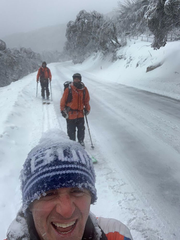 Skiing down the access road at Buller in August