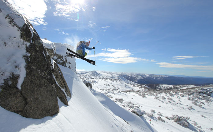 Getting air on Black Diamond Route 95 skis at Perisher