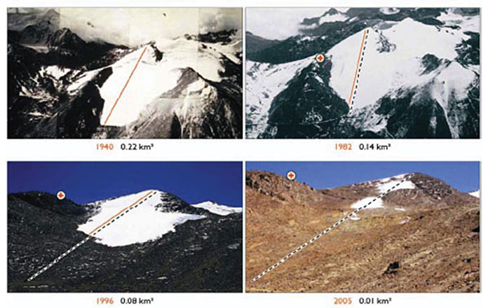 Predictions for melting of the Chacaltaya glacier proved too optimistic as these aerial views illustrate