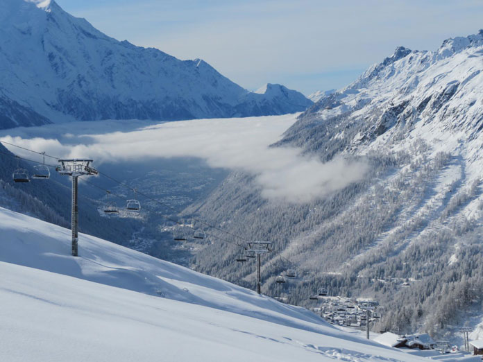 Powder snow under closed quad chairlift at Chamonix in January 2021 