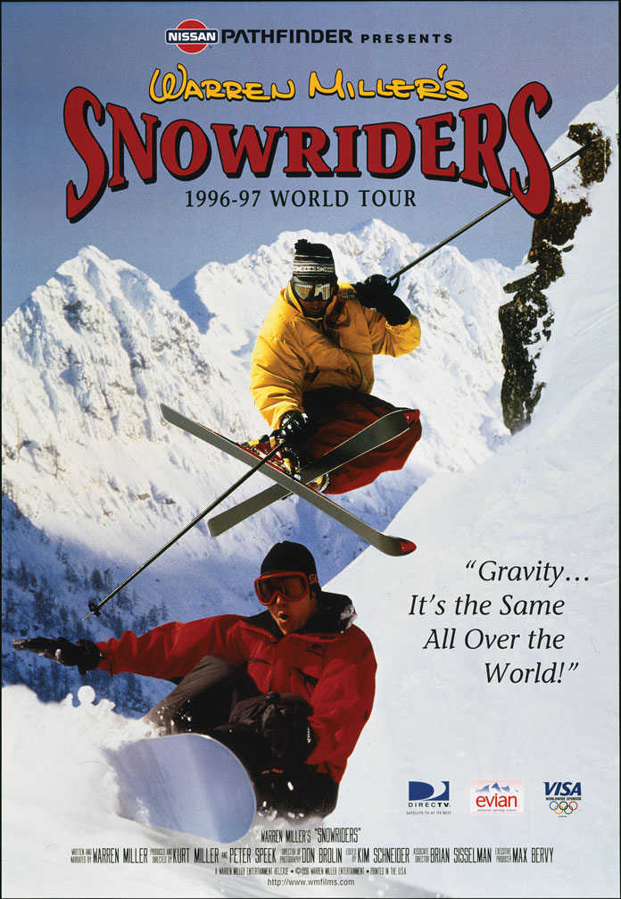 Warren Miller's 1996 Snowriders ski movie poster features a snowboarder and a skier