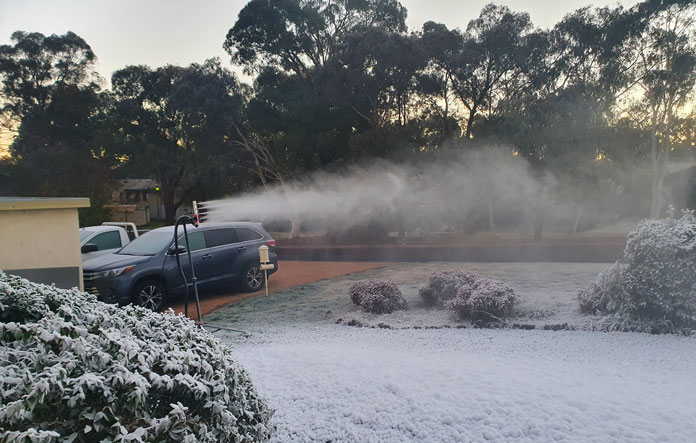 Homemade snowmaking system in action in Canberra