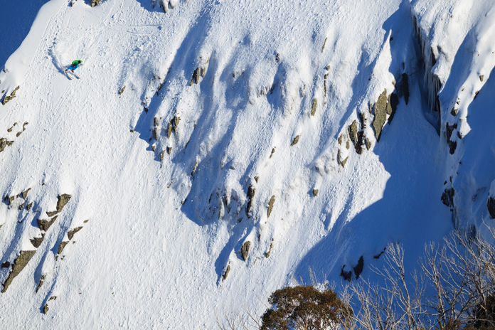 Sam Leitch skiing extreme steep slop Parachute Bowl, Mt Hotham