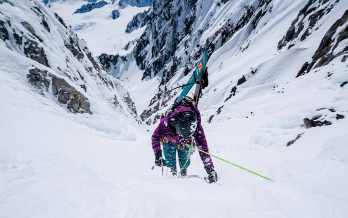 Janina Kuzma doing the hard yards up the couloir on Mt Tasman during filming of 'A Winter Affair: The Pursuit