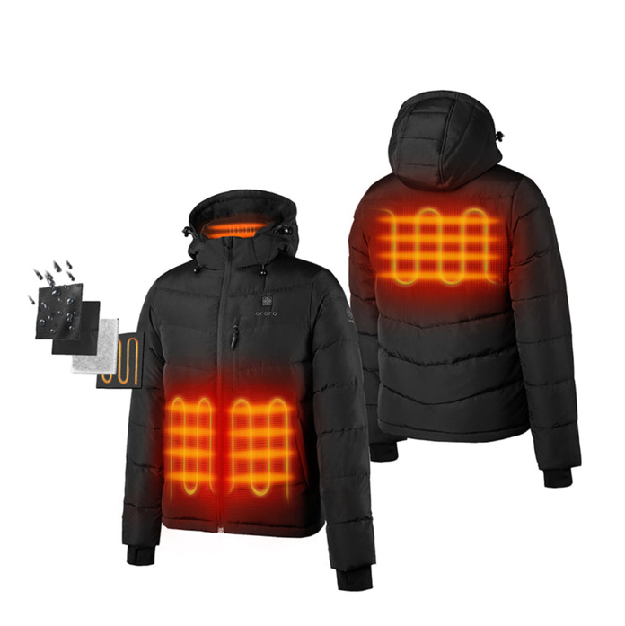 Ororo Mens Heated Down Jacket illustration showing heat zones
