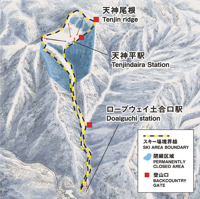 Map showing the premanently closed zones at Tanigawadake Tenjindeira Ski Resor